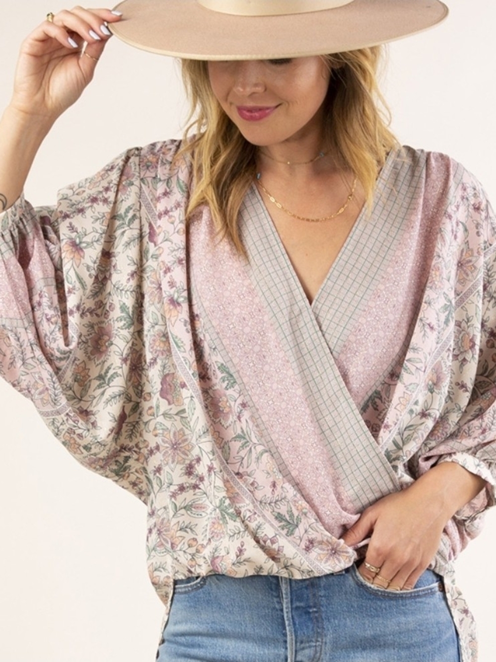 Lovestitch Giada Floral Surplice High-Low Boho Blouse Pink LG